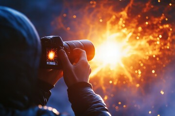 Wall Mural - a person capturing the moment with their camera as fireworks explode in the sky