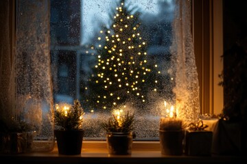 Canvas Print - A Christmas tree viewed through a window, ideal for decorating your space with holiday cheer