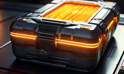 Wall Mural - futuristic crate glows orange, dark lab, data transfer