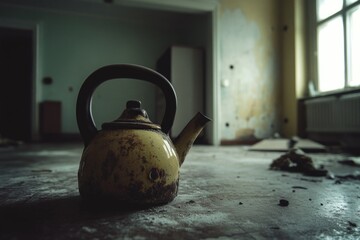 Wall Mural - A tea kettle sits on the floor of a room, ready for use