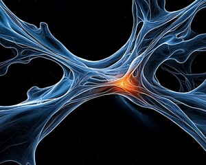 Wall Mural - abstract digital art showcasing intricate blue and orange shapes resembling flowing streams or neura
