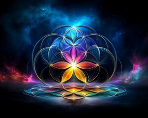 Wall Mural - vibrant abstract design featuring geometric shapes and colorful gradients against a cosmic backgroun