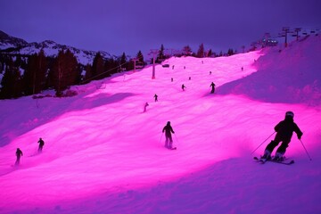 Wall Mural - People skiing down a snowy mountain slope, having fun in winter