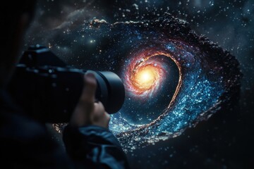 Wall Mural - a person capturing the beauty of a spiral galaxy with their camera