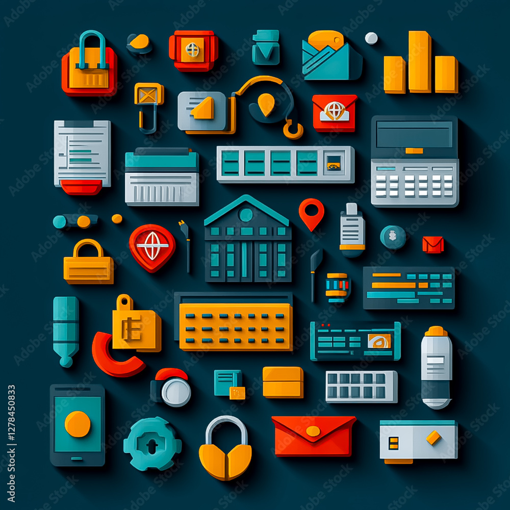 Technology Pixel Icon Vibrant Pixel Art Business and Technology Icons on Dark Blue ...