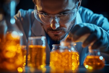 Leinwandbilder - Scientist conducting experiments with colorful liquids in a laboratory setting during the evening