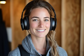 Wall Mural - Smiling woman wearing headphones in a cozy indoor setting while enjoying music or a podcast