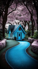 Wall Mural - a serene, enchanting scene featuring a blue cottage nestled among vibrant, blooming trees along a wi