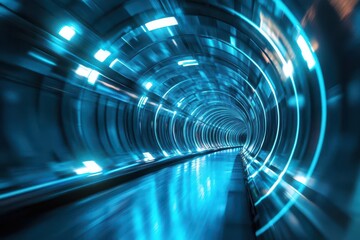 Wall Mural - hypnotic tunnel of neon blue light trails, cyberpunk aesthetic, dynamic motion blur creating infinit