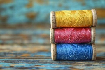 Poster - Colorful spools of thread stacked on a rustic wooden surface in a creative workspace