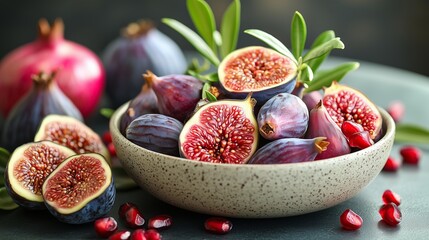 Ceramic bowl filled with ripe figs and pomegranates, placed on a dark textured surface. A concept of healthy eating, festive traditions, and natural organic food.