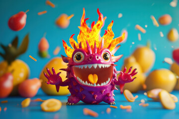 Canvas Print - A dragon fruit breathing colorful flames, surrounded by clapping fruit friends