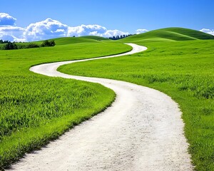 Wall Mural - A winding dirt path through lush green hills under a bright blue sky with fluffy clouds, evoking a sense of tranquility and nature. outdoor adventures trekking physical