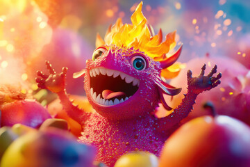 Canvas Print - A dragon fruit breathing colorful flames, surrounded by clapping fruit friends