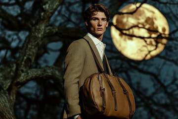 fashionable man in a tailored suit holding a bag, posed in front of a dramatic full moon and tree ba