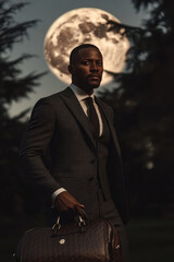 fashionable man in a tailored suit holding a bag, posed in front of a dramatic full moon and tree ba