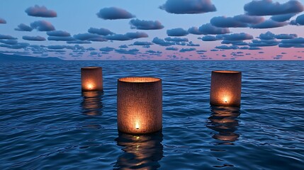 Wall Mural - tranquil waters with illuminated pillars stand against a twilight sky, creating a serene and enchant