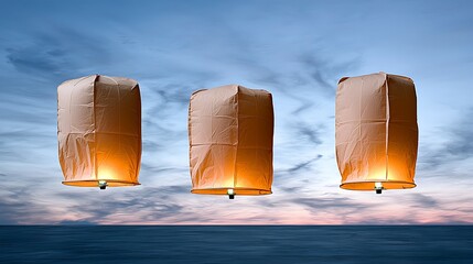 Wall Mural - three glowing lanterns float against a serene twilight sky over calm waters, creating a tranquil and
