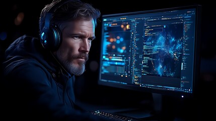 Focused Developer working at night with digital code on the screen and headphones on
