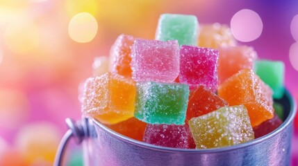 Colorful jellies in pail, bokeh background