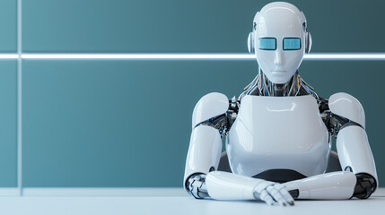 futuristic robot sitting at table, showcasing advanced technology and design