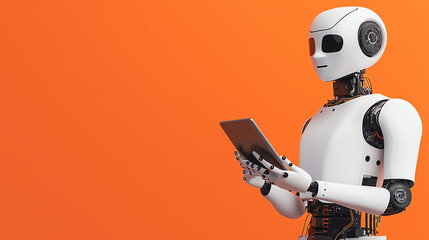 robot holding tablet against orange background, showcasing technology