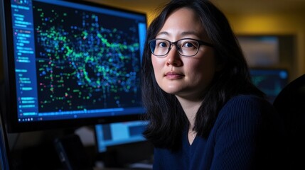 Focused programmer woman coding, office night, data screen
