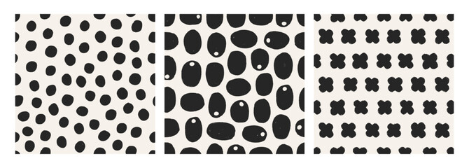 Leinwandbilder - Seamless abstract pattern with hand-drawn shapes, set. Simple print, endless background in modern design style. Repeating textures with dot, cross for textile, fabric, cloth. Flat vector illustration