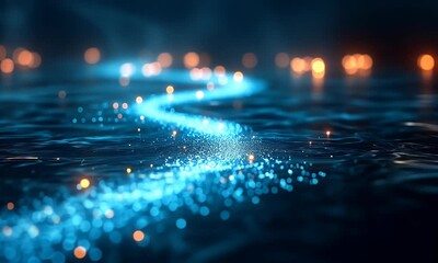 Wall Mural - glowing blue trail on dark water, bokeh background, digital art, website banner