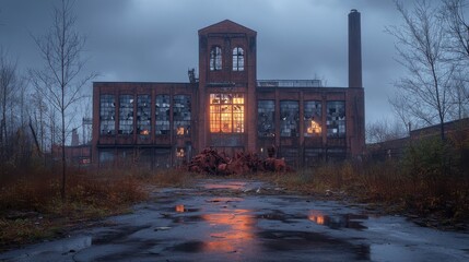 A haunting, abandoned factory stands against a gloomy sky, with an eerie glow from broken windows reflecting on the wet ground.