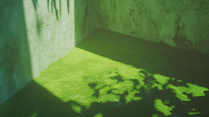 Fototapete - Lush green moss wall texture with velvety sunlit shadows for natural design