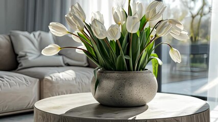 Wall Mural - Stylish living room features a modern vase filled with fresh white tulips, enhancing the bright and inviting atmosphere of the space