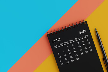 Fototapete - Black Flip Monthly April 2025 Business Calendar with Black Pen. 3d Rendering