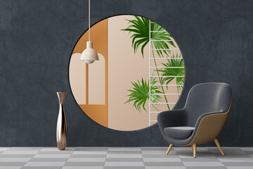 Poster - Modern Room Interior with Armchair, Golden Vase, Lamp and Window. 3d Rendering