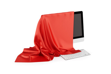 Leinwandbilder - Desktop Computer Covered with Red Silk Cloth, Presentation of New Desktop Computer. 3d Rendering