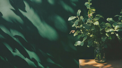 Fototapete - Serene greenery on dark texture: nature's shadows and shadows on chalkboard background