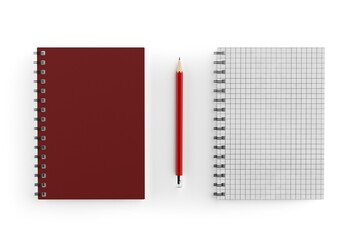 Poster - Top View of Red One Closed and One Opened  Spiral Paper Cover Notebook with Blank Space for Yours Design and Red Pencil. 3d Rendering