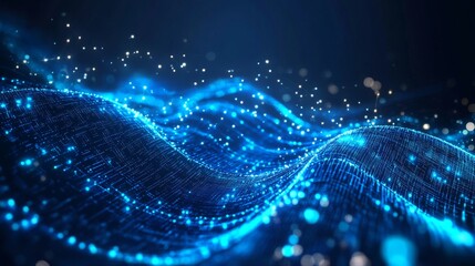 Wall Mural - Dynamic Blue Cyber Technology Wave with Bright Particles and Glow
