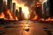 © CreativeSeven  - Apocalyptic firestorm devastates urban landscape abandoned city street digital artwork dystopian environment eye-level view