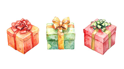 Aufkleber - Watercolor gift boxes with vibrant ribbons, artfully arranged, symbolizing celebration and thoughtful giving against clean transparent backdrop
