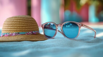 Beach Accessories, Straw Hat, Sunglasses, Calm Background