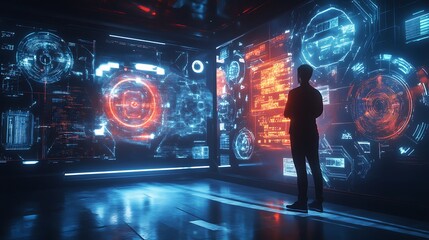Cyberpunk Futuristic Data Center: A Man Observing Advanced Technology