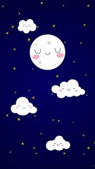 Wall Mural - moon and stars with cute clouds on night sky animation, kids lullaby and nursery rhyme vertical social media motion background	