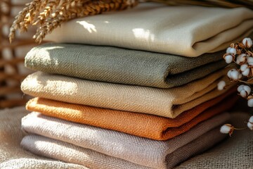 Wall Mural - Linen napkins in earthy tones stacked neatly on a rustic table with dried flowers in a cozy setting during afternoon light