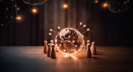 Aufkleber - Glowing globe with digital connections surrounded by wooden figures. Abstract net structures and lights suggest global network and technology.