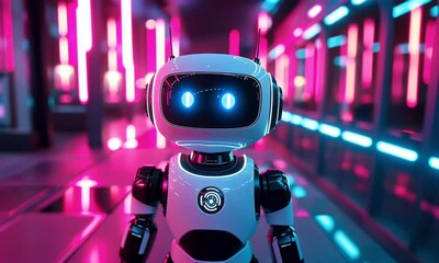 Wall Mural - friendly robot in neon city, futuristic technology