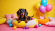 © Tameem - A long-haired dachshund sitting on a dog bed surrounded by colorful pillows and balloons.