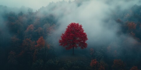 Sticker - Foggy Forest with Red Tree