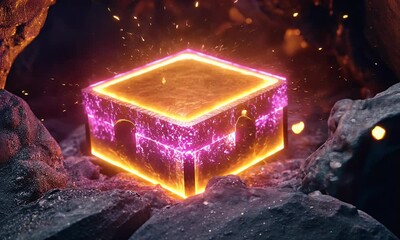 Wall Mural - glowing cube, fiery rocks, sparks, mystery, game asset