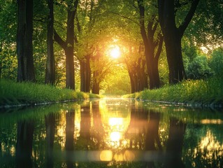Wall Mural - Sunlight filtering through trees near water